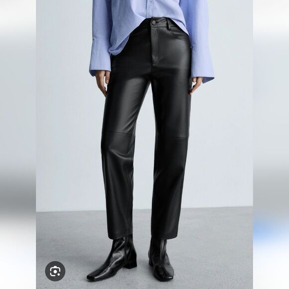 Mango Leather-effect Straight Black Pants Size 6 - Picture 14 of 14